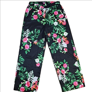 Vince Camuto Black Pink & Green Tropical Floral Leaf Print Wide Leg Pant Size 10